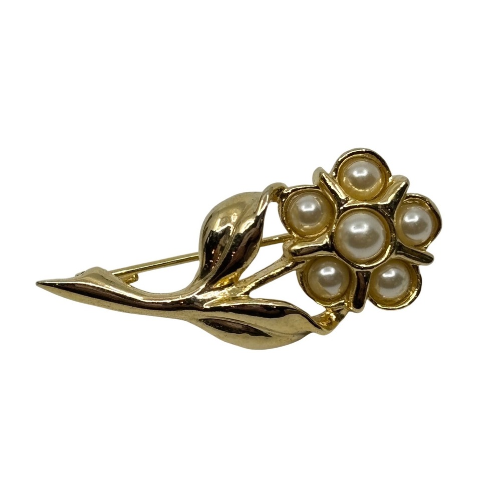 Vintage Gold Tone Faux Pearl Flower Brooch Floral Botanical Pin Accessory